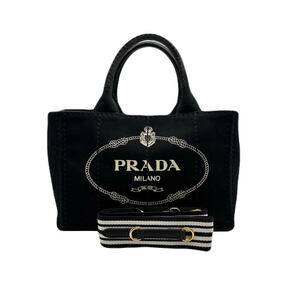 Prada Canapa Bag Striped Shoulder Canvas Black